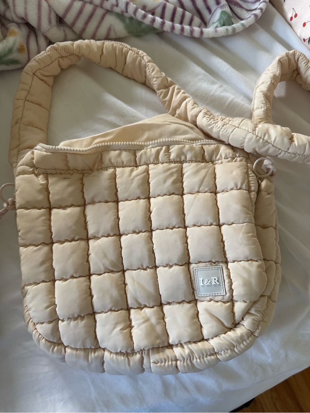 Iris & Rainbow Quilted Beige Crossbody Bag